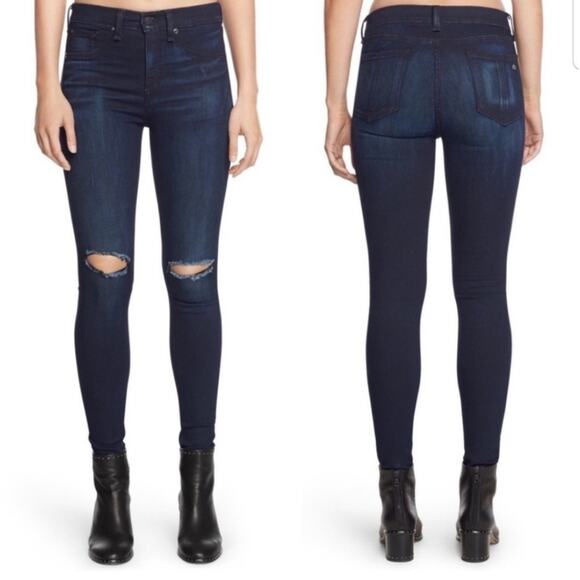 Rag & Bone Ripped Skinny Jeans Size 26 Distressed Busted Knee Dark Rinse Wash - Picture 1 of 12